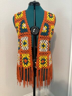 Orange Crochet Granny Square Fringe Vest